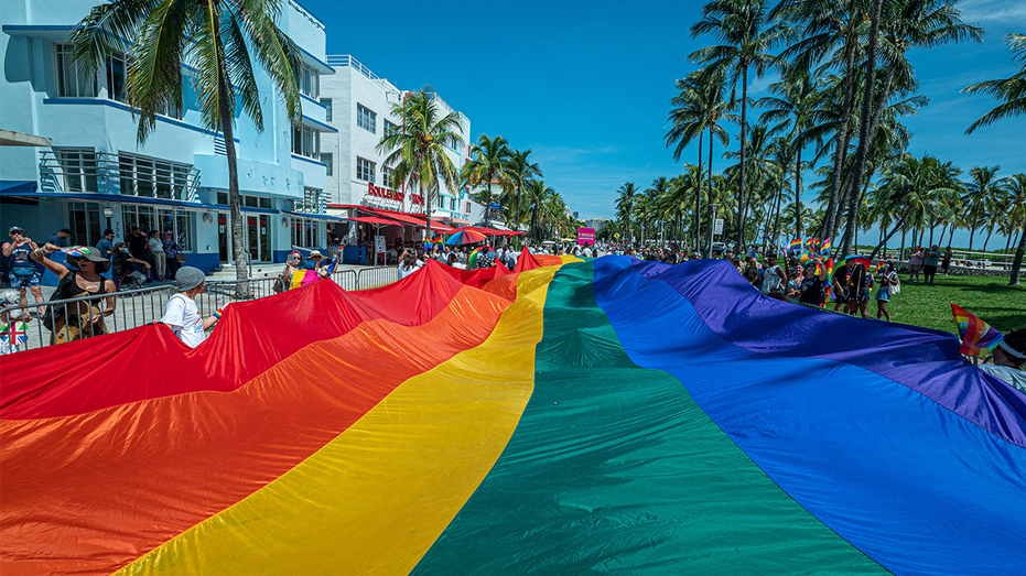 Photo shows a huge pride flag unfurled on a street in Florida with palm trees seen in the distance
